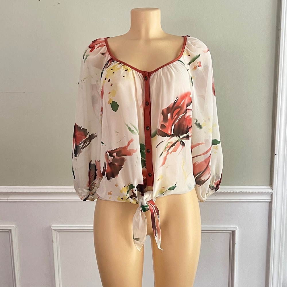 Daytrip Floral Blouse Women XL Sheer‎ Tie Front Button Chiffon Cream Boho Top